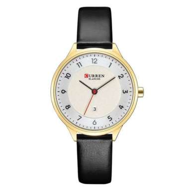 CURREN 9035 Jam Tangan Wanita Analog Tali Kulit Chronograph Aktif Hitam Gold-Putih