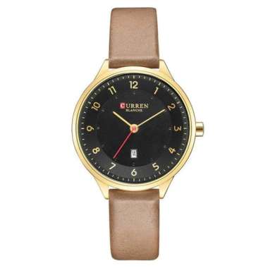 CURREN 9035 Jam Tangan Wanita Analog Tali Kulit Chronograph Aktif Brown Gold-Hitam