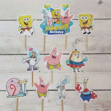 satu set cake topper toper hiasan kue ulang tahun karakter spongebob sponge bob square pants kuning