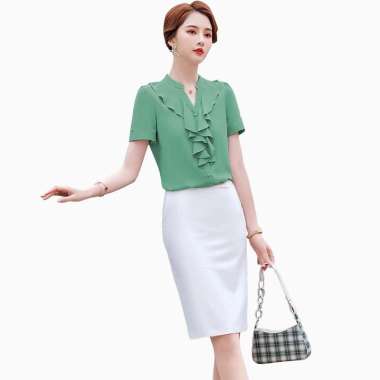 Kemeja Leher V Lengan pendek gaya korea variasi rampel di leher model terbaru - Jfashion Senka XL Hi