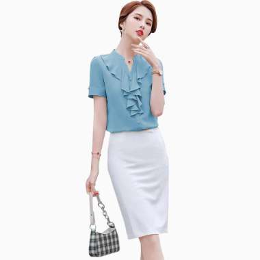 Kemeja Leher V Lengan pendek gaya korea variasi rampel di leher model terbaru - Jfashion Senka M Bir