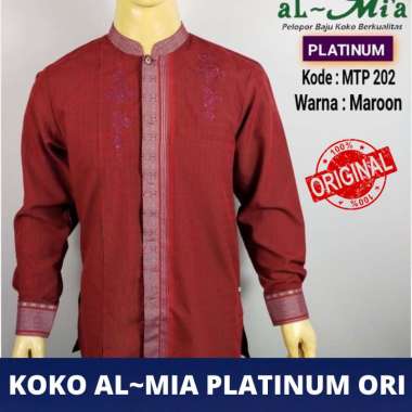Baju koko almia original platinum lengan panjang kancing pria dewasa al mia merah maroon fashion muslim atasan sholat FREE BOX Maroon S