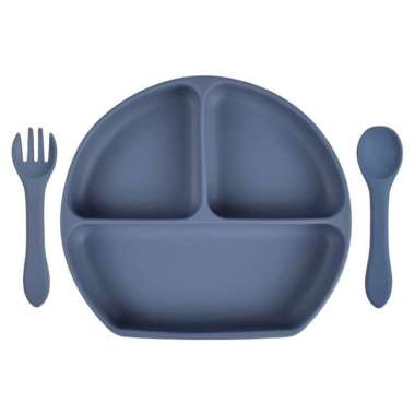 Piring Hisap + Sendok + Garpu Set Alat Mkn Set Piring Silikon Tahan Air Navy