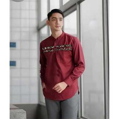 ZEKA- Baju Pakaian Muslim Pria Atasan Koko Kurta Batik Lengan Panjang Fashion Muslim Marun L