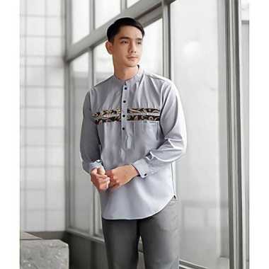 ZEKA- Baju Pakaian Muslim Pria Atasan Koko Kurta Batik Lengan Panjang Fashion Muslim Grey XL