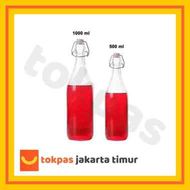 Botol Kaca Bening Korken Tempat Air Minum Susu Dengan Tutup Kait Anti Tumpah 500 ml + Sticker