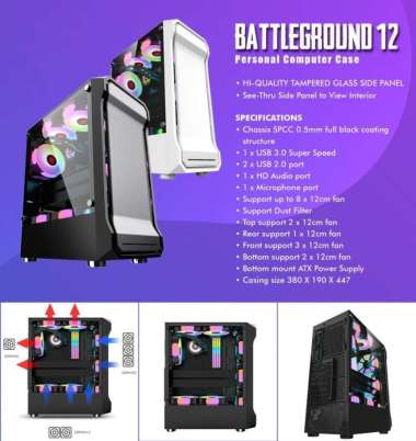 Simbadda Battleground 12 Gaming CPU Case - Tempered Glass Chassis hitam