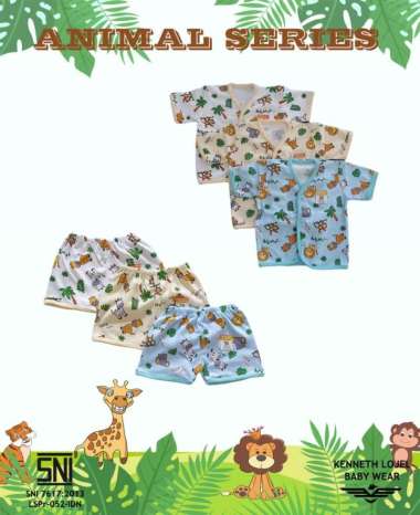 Satu Set/Setelan Baju Bayi Lengan Pendek Motif Hewan Kenneth Lojel SNI 3-6 Bulan - Hewan Biru