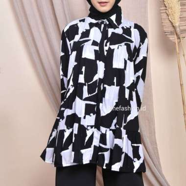 Aline - Dami Tunik - Tunik Rayon Motif - Atasan Muslim - Bahan Rayon Import Black Pattern
