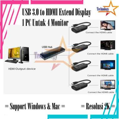 USB 3.0 to HDMI Extend Display 2K 1 PC Untuk 4 Monitor External