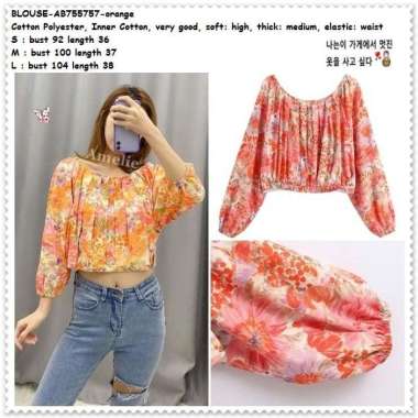 AB755757 Baju Atasan Sabrina Wanita Blouse Bunga Korea Import Orange