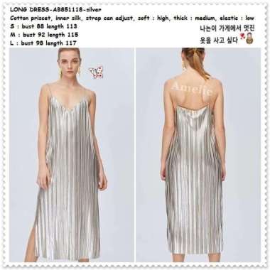 AB851118 Silver Grey Long Dress Midi Pesta Plisket Wanita Korea Import