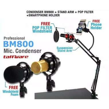Taffware BM-800 Mic + Scissor Arm Stand + HP Holder + Pop Filter
