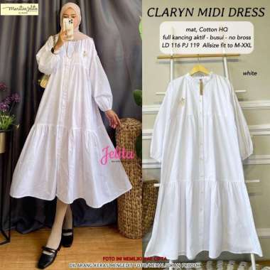 Tunik Katun Polos Claryn Midi Dress Gamis Wanita Jumbo Baju Kekinian Fashion Muslim Gamis Busui Long Tunik Remaja XL White