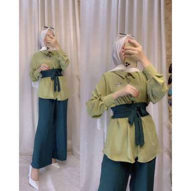 Denada Set - One Set Wanita Kemeja Import Crinkle Airflow Setelan Wanita Celana Kulot Lengan Panjang