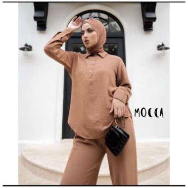 Denada Set - One Set Wanita Kemeja Import Crinkle Airflow Setelan Wanita Celana Kulot Lengan Panjang
