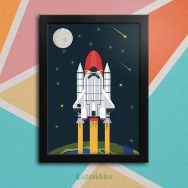 Hiasan Dinding Kamar Anak Roket Pesawat Luar Angkasa Motif Space Bingkai Hitam