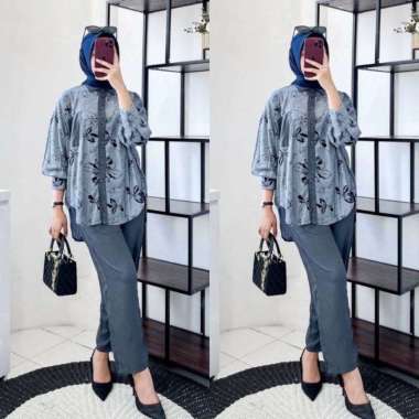 Gisel Set - One Set Wanita Kemeja Rayon Premium Setelan Baju Lengan 7/8 Set Celana Kulot Kekinian LD