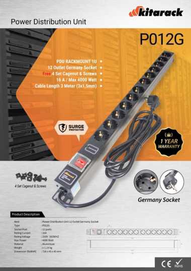 P12G - PDU Rackmount 1U 12 Outlet Germany Socket 19" KITARACK - BANDUNG