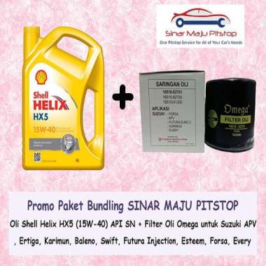 Paket Bundling Oli Mobil Shell Helix HX5 15W-40 API SN Segel Hologram Original 4 Liter + Filter Oli