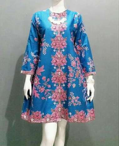 Batik Furry - Baju Atasan Batik Tunik Wanita Seragam Kantor Motif Sakura Warna S biru