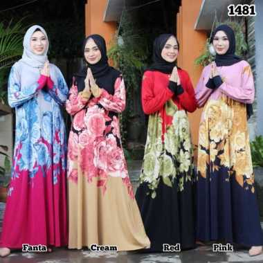 Dress Muslim Wanita Gamis Terbaru 2021 Motif Bunga Gamis Jersey 1481 Red