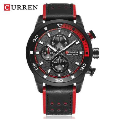 CURREN 8250 Jam Tangan Pria Analog Tali Kulit Chronograph Tidak Aktif Hitam Lis Merah