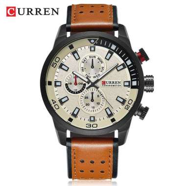 CURREN 8250 Jam Tangan Pria Analog Tali Kulit Chronograph Tidak Aktif Brown Putih
