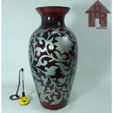 Limited !! Vase Botol Glossy Coklat Lukis Bunga Silver - T40