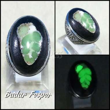 CINCIN BATU AKIK BADAR FOSFOR TERANG DALAM GELAP MOTIF DAUN HIJAU RING 10