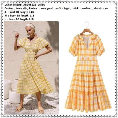 AB265221 Long Dress Midi Pesta Pantai Kotak Wanita Korea Yellow Kuning