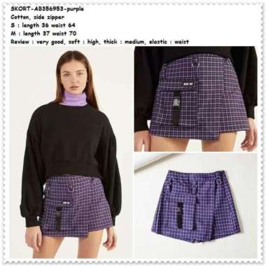 AB356953 Celana Pendek Rok Mini Skort Kotak Wanita Korea Import Ungu
