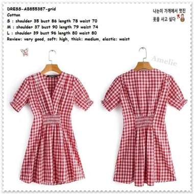 AB855387 Casual Mini Dress Katun Kotak Merah Putih Wanita Korea Import