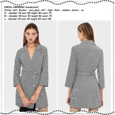 AB858582 Houndstooth Mini Dress Long Blazer Coat Wanita Korea Import