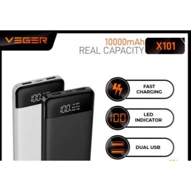 VEGER SLIM DIGI POWER BANK 10000mAH Real Capacity - X101 - Putih Hitam