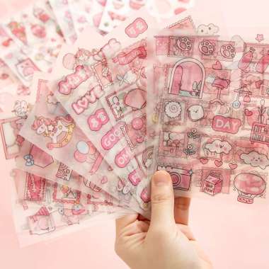 Stiker Premium Cantik Aesthetic Korea Glitter Pink Decoratif Karakter Hijau Dino Happy