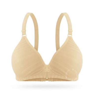 Wimiu BH Bra Wanita BH Tanpa Kawat Busa Tipis Motif Garis Jaring 100111 Cream 38