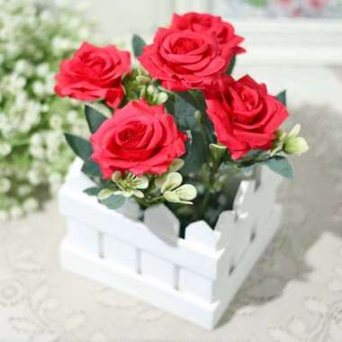 bunga plastik hias artificial pot pagar MAWAR ROSE MERAH RED A1-1