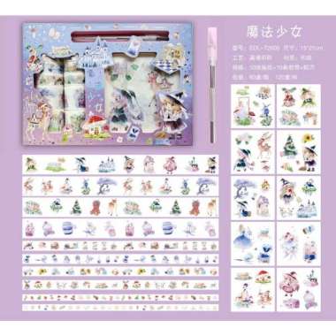 Stiker 1 Set Box + Cutter Stiker + Pulpen Gel Gliter Washi Bear Princess Anime Jamur