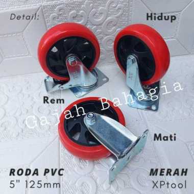 Roda PVC 5 inch 125 mm merah Hidup Mati Rem Roda kastor etalase troli MATI