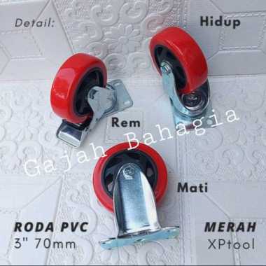 Roda PVC 3 inch 75 mm merah Mati Hidup Rem Roda kastor Troli Etalase MATI