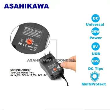 Asahikawa Adaptor Universal 3V4,5V5V6V7,5V9V 12V 30W Plus USB 5V 2,1A