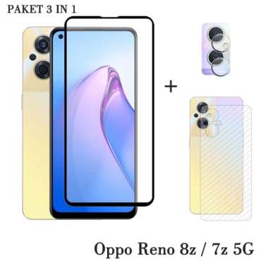 Promo Paket 3in1 Tempered Glass Layar Full Oppo Reno 8z / Reno 7z 5G Free Lensa Camera & Garskin Opp