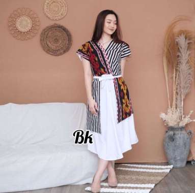 Dress Tunik Batik Wanita Dewasa Allsize Motif Songket Kombinasi Wolfis Putih