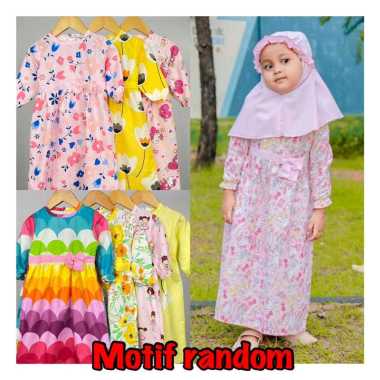 Gamis Anak Hijab Karakter Motif Random Size 3-6 Tahun - Gamis Anak Katun Kerudung Polos Baju Muslim 
