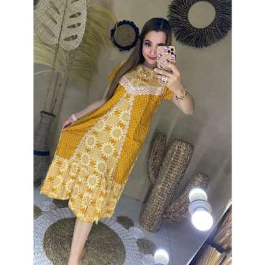 DASTER ARAB RENDA MATAHARI IMPORT LENGAN PENDEK RAYON PREMIUM BUSUI / DASTER RENDA MURAH KUNING