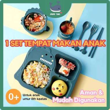 Tempat Makan Anak Dinosaurus Lucu & Aman - Peralatan Makan Bayi 1 Set - Hijau Hijau