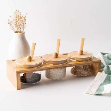 UCHII Premium Glass Jar w/ Bamboo Holder Spoon Lid | Toples Bumbu Kaca