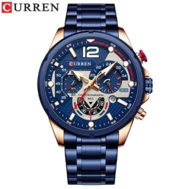 CURREN 8395 Jam Tangan Pria Analog Stainless Steel Chronograph Aktif Luminous Hand Biru Rosegold