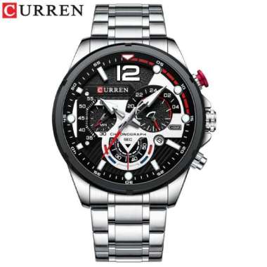 CURREN 8395 Jam Tangan Pria Analog Stainless Steel Chronograph Aktif Luminous Hand Silver Hitam